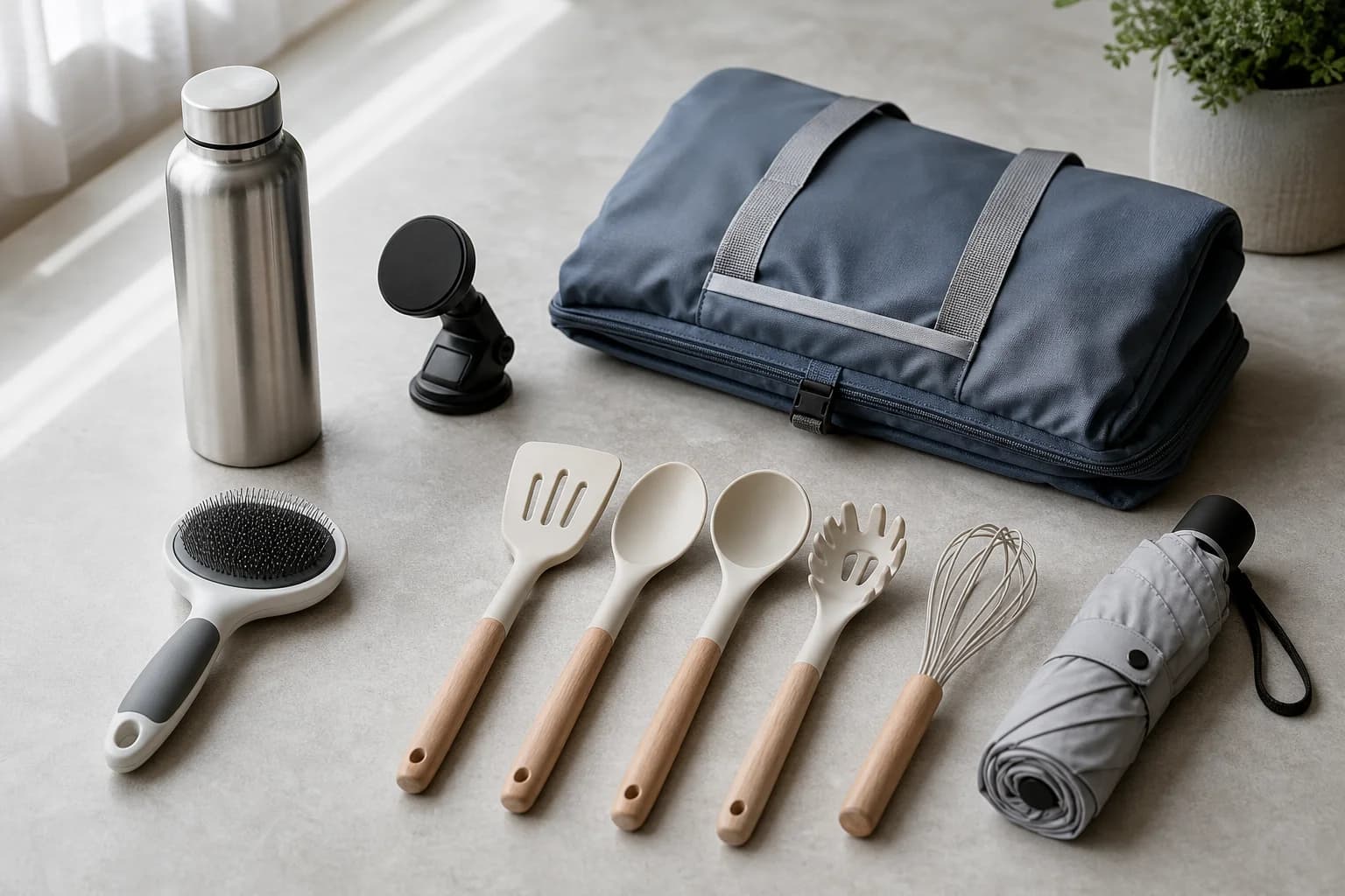 A neat selection of practical everyday products on a stone table