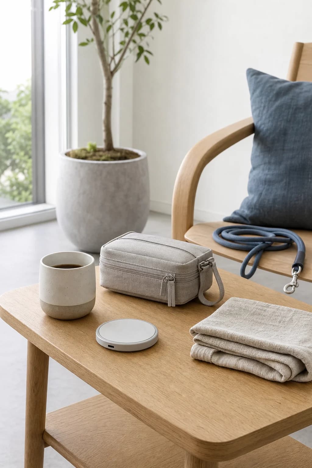 Bright living space with a few useful everyday products on an oak table